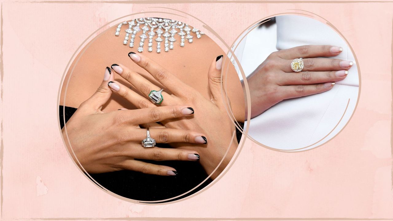 collage showing a hand with black french tip negative space nails and another hand with gold negative spave nails