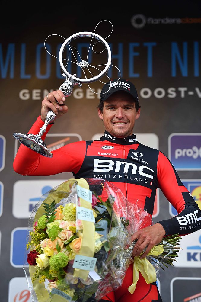 Greg Van Avermaet (BMC) awarded with the trophy at Omloop Het Nieuwsblad