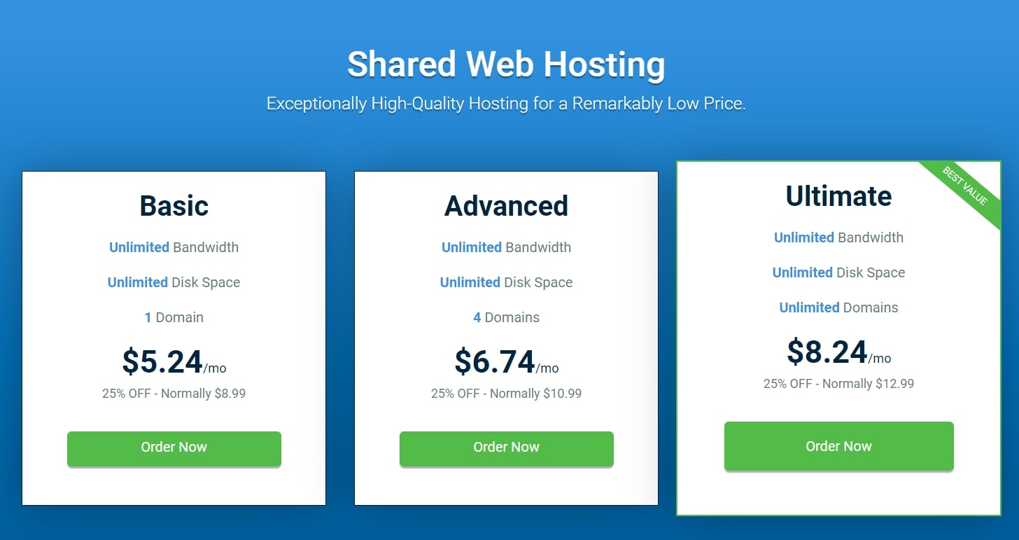 Hostwind's webpage showing shared web hosting price plans