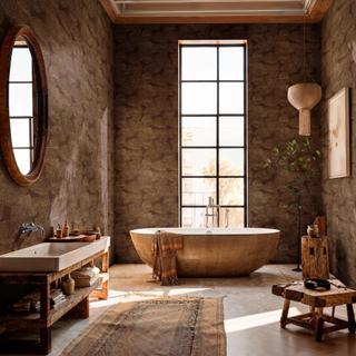 A brown wallpapered bathroom with large brown bath tub in centre