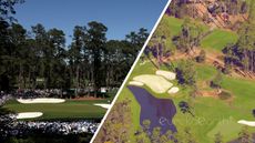 (left) A general view of the 16th hole at Augusta National during April 2024 and (right) drone images capturing the state of the same hole from above in October 2024