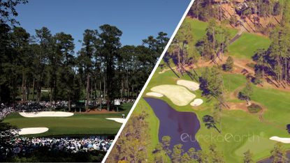 (left) A general view of the 16th hole at Augusta National during April 2024 and (right) drone images capturing the state of the same hole from above in October 2024