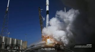 A SpaceX Falcon 9 rocket launches 46 Starlink internet satellites to orbit on the Starlink 4-8 mission from SLC-40 at Cape Canaveral Space Force Base in Florida on Feb. 21, 2022.