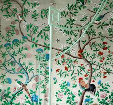 Antique Chinese wallpaper at Edward Bulmer's home, The Court of Noke, Herefordshire