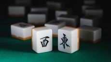Two upright mahjong tiles on green velvet with other tiles in the background.