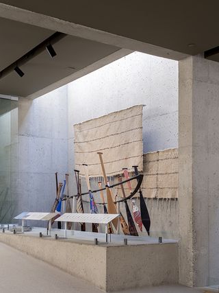 Museum of Anthropology at UBC, Vancouver, Canada showing modernist japanese inspired forms on misty day with artefacts inside