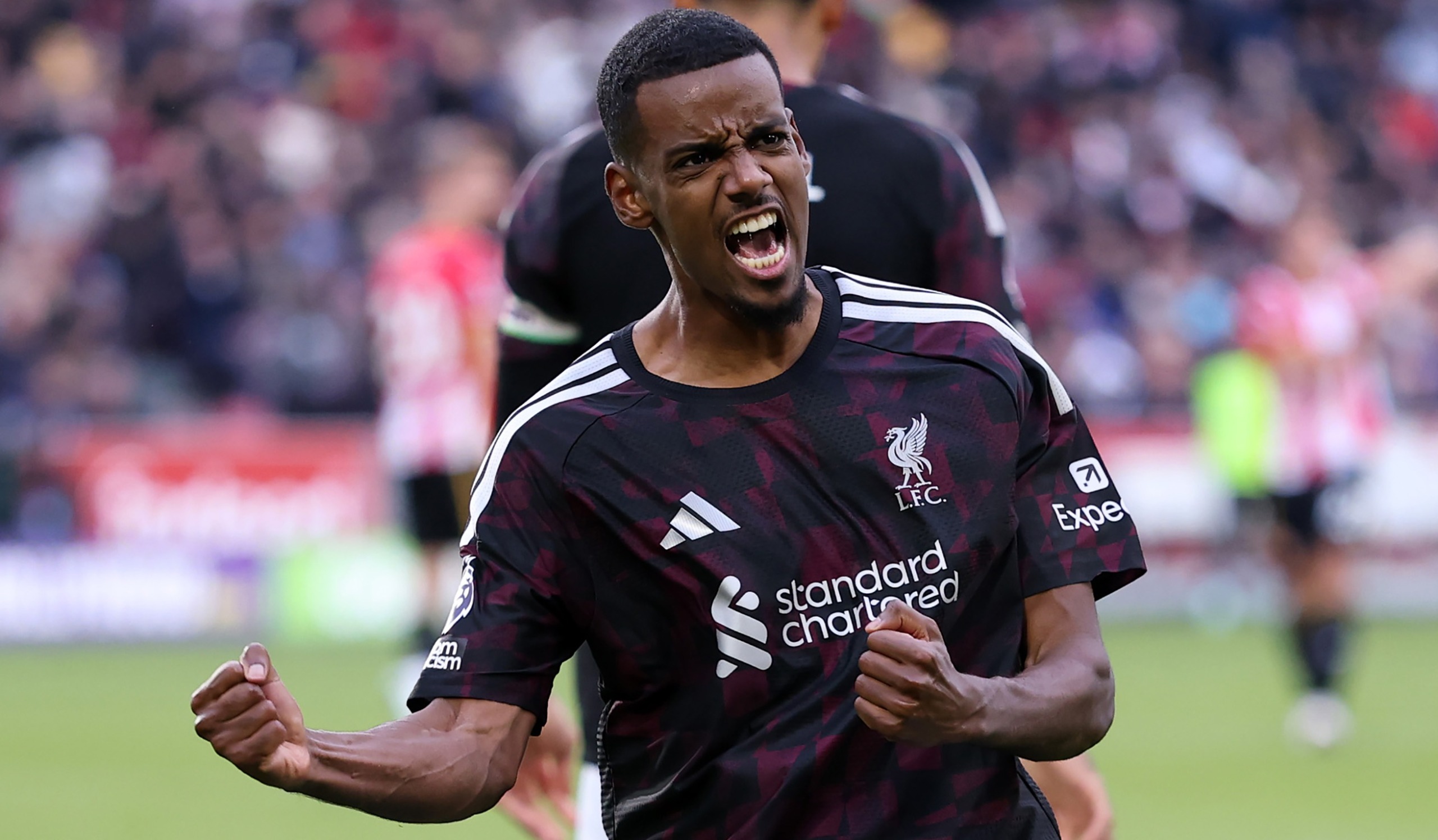 Alexander Isak of Liverpool celebrates scoring his team&rsquo;s second goal during the Premier League 2026/27 match against Brentford at Gtech Community Stadium on October 17, 2026 in Brentford, England