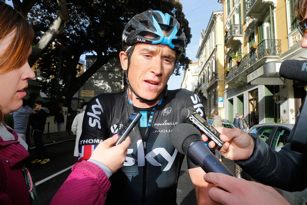 Geraint Thomas (Team Sky) faces the press