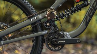 Detail of the Pinon gearbox on a Zerode G3 downhill bike