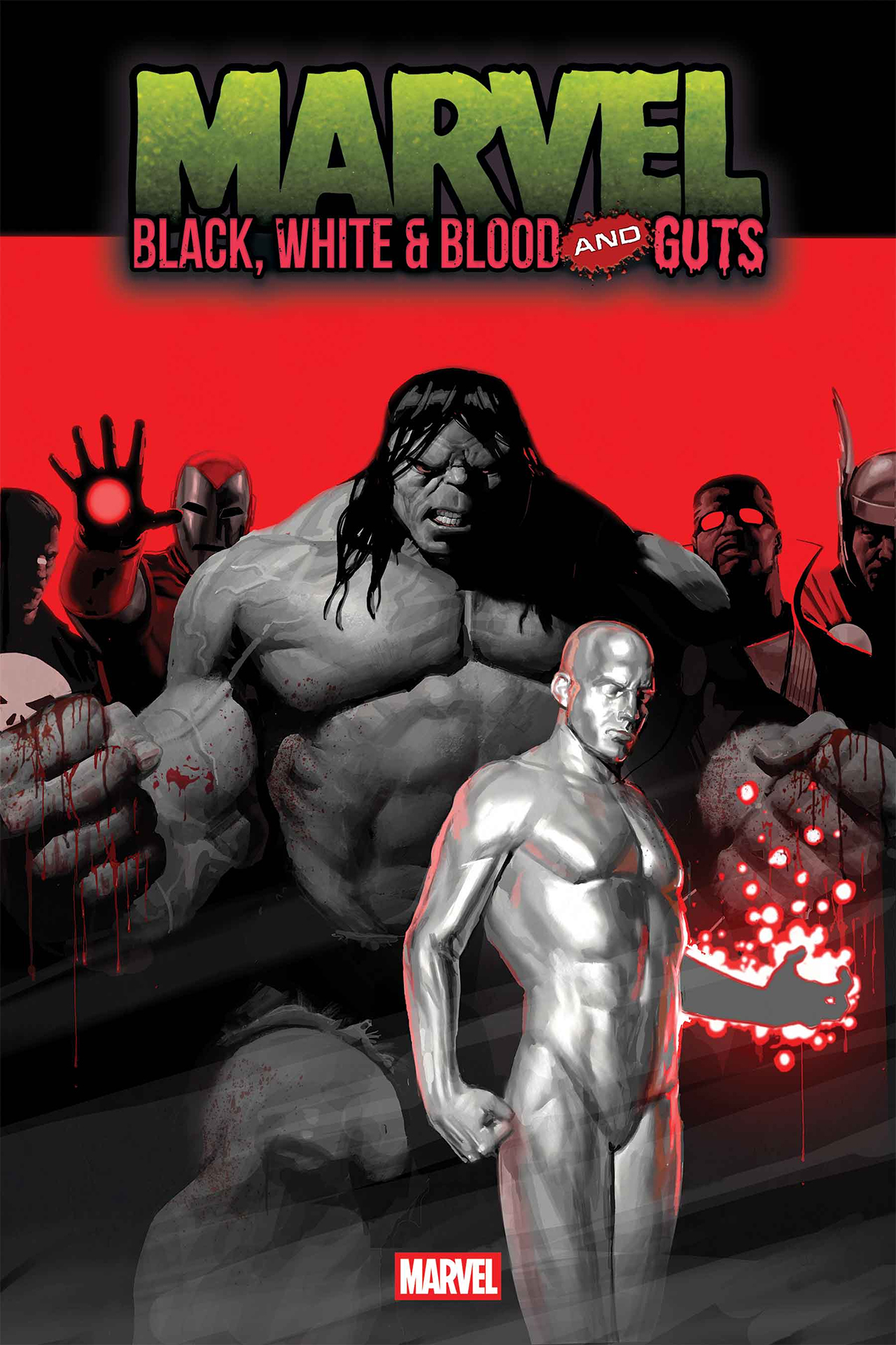 Hulk, Silver Surfer, Iron Man, Blade, Thor, and Punisher on EM Gist's cover for Marvel: Black, White, and Blood and Guts #1