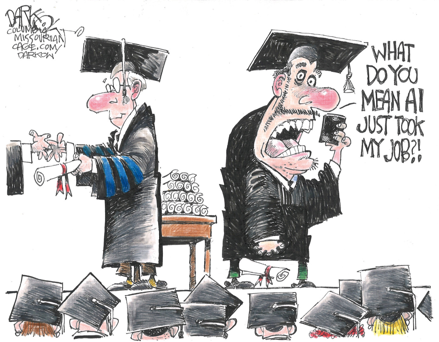 A college student is has just been handed a diploma on a stage as he yells into a cell phone, &amp;ldquo;What do you mean AI just took my job?!&amp;rdquo;