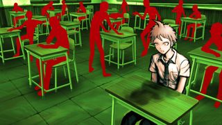 A boy in a school uniform sits at his desk looking forlorn, the rest of the class reduced to red silhouettes