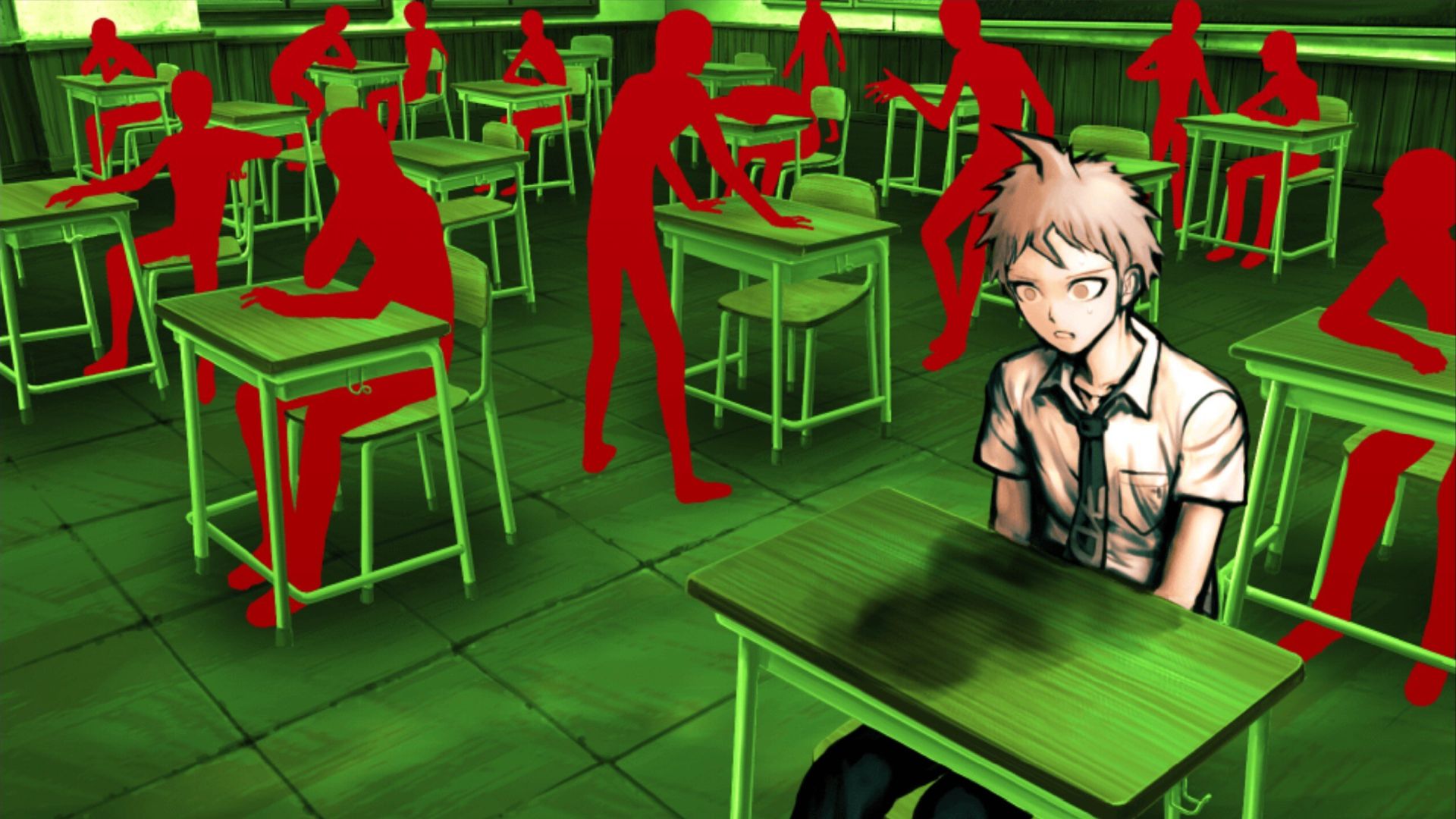 A boy in a school uniform sits at his desk looking forlorn, the rest of the class reduced to red silhouettes