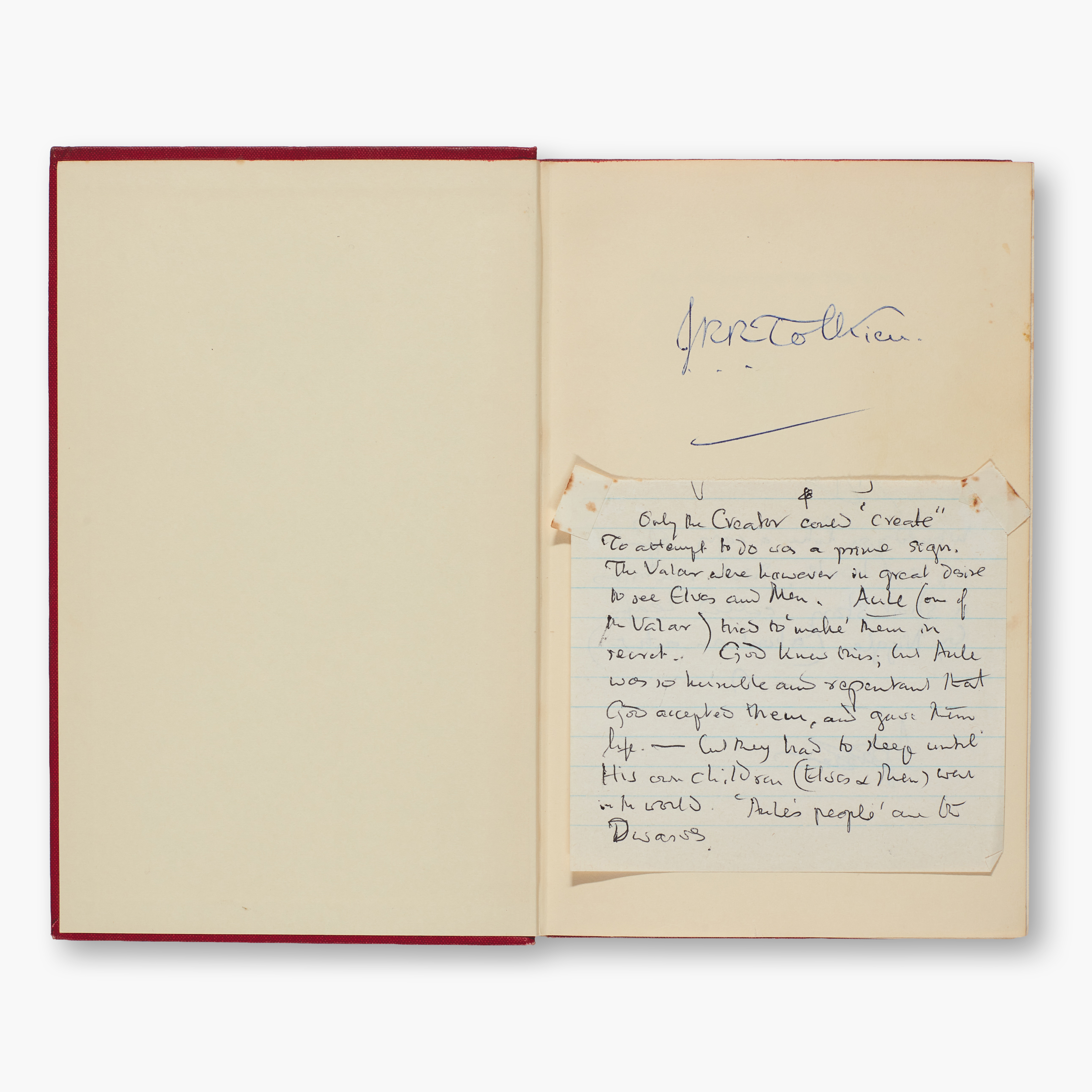Lot 83. J.R.R. Tolkien The Lord of the Rings, 1961, 3 volumes, signed by the author, with a remarkable autograph note on the Creation of the race of Dwarves, est. &amp;pound;7,000 - 9,000