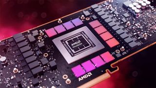 AMD Radeon RX 7600 XT GPU render with purple and orange backdrop