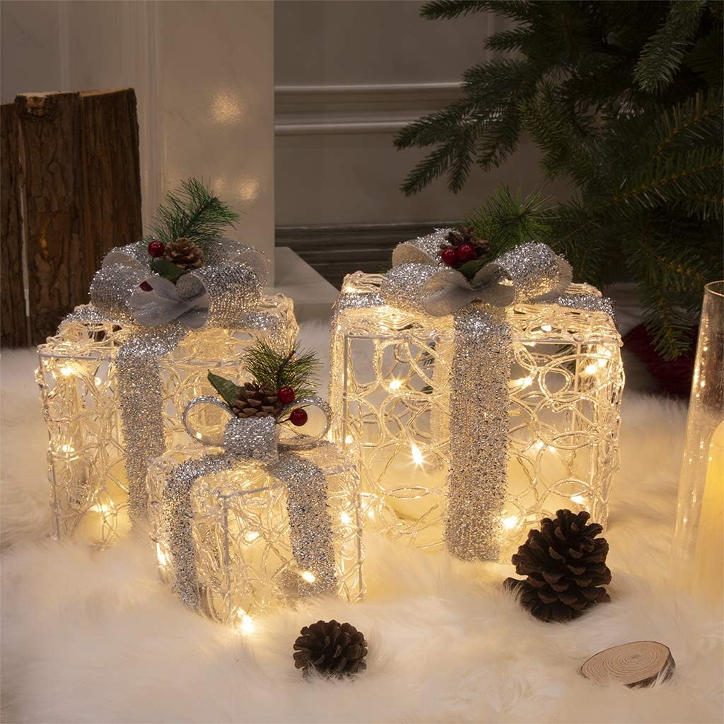 Eambrite 3pk Light Up Present Boxes Silver Gift Boxes With Warm White Lights Plug in for Christmas Decorations Home and Outdoor D&amp;eacute;cor