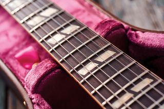 Detail of the rosewood fingerboard on a Gibson Freddie King 1960 ES-345 electric guitar with a Sixties Cherry finish, taken on May 25, 2017.