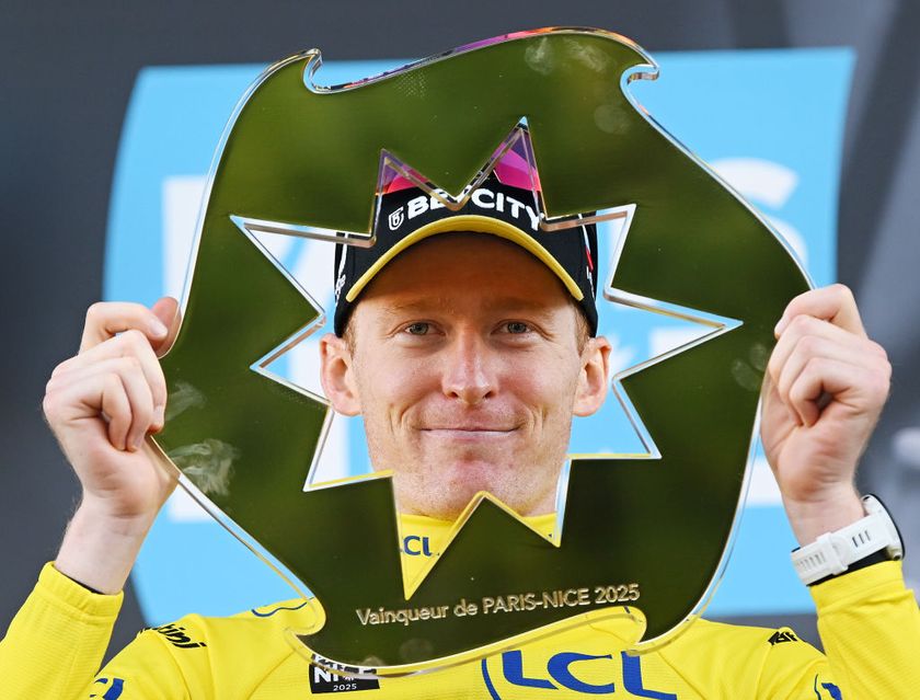 Paris-Nice 2025: Matteo Jorgenson of Visma-Lease a Bike celebrates at podium as Yellow leader jersey winner for second consecutive year