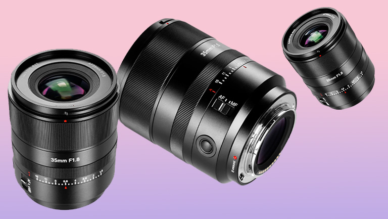 7Artisans AF 35mm f/1.8 product image from different angles on a purple to pink gradient