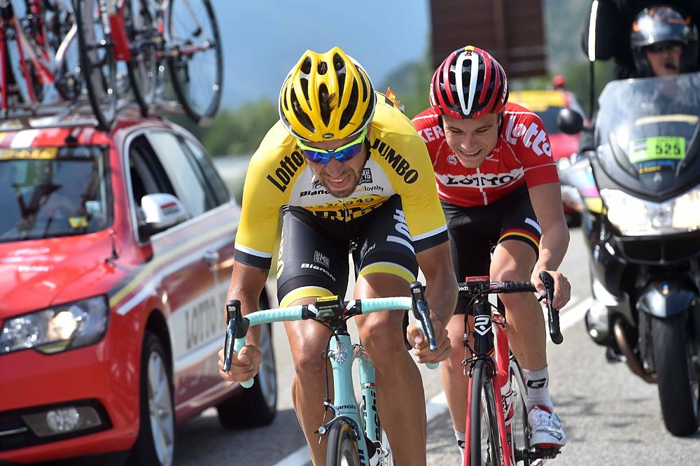 Breakaway riders Tosh Van Der Sande (Lotto Soudal) and Martijn Keizer (Team LottoNL-Jumbo)