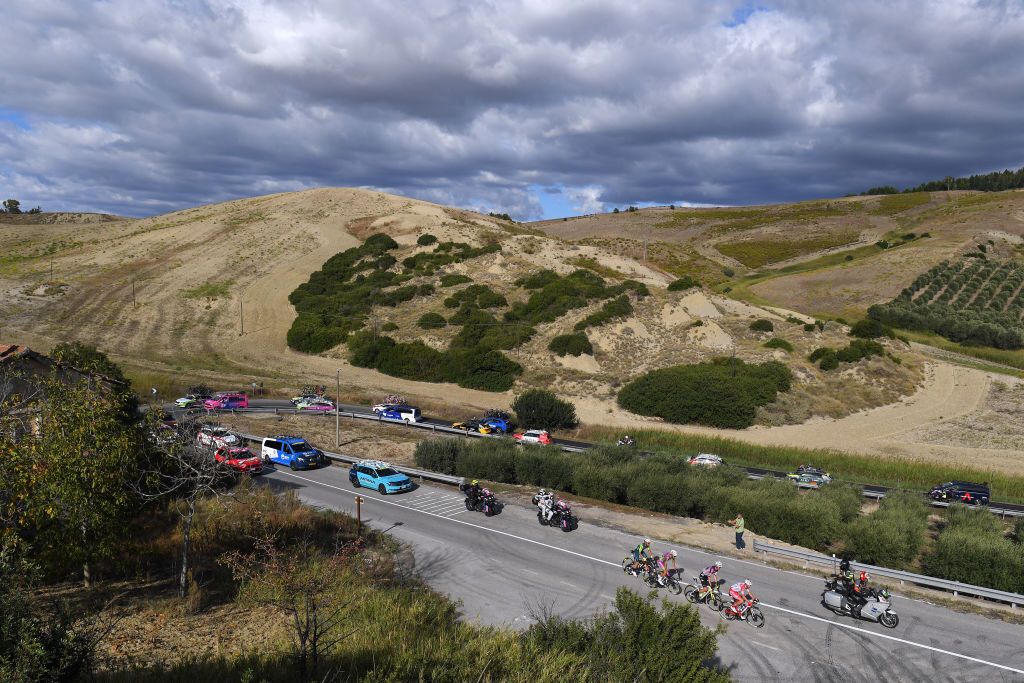 MATERA ITALY OCTOBER 08 James Whelan of Australia and Team EF Pro Cycling Mattia Bais of Italy and Team Androni Giocattoli Sidermec Marco Frapporti of Italy and Team Vini Zabu KTM Filippo Zana of Italy and Team Bardiani CSF Faizane Breakaway Ferrandina 420m Landscape during the 103rd Giro dItalia 2020 Stage 6 a 188km stage from Castrovillari to Matera 401m girodiitalia Giro on October 08 2020 in Matera Italy Photo by Tim de WaeleGetty Images