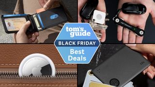 Different Bluetooth trackers together with Black Friday badge in the middle.