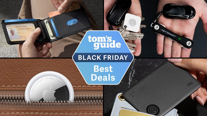 Different Bluetooth trackers together with Black Friday badge in the middle.