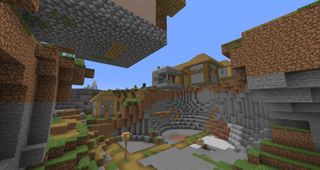 Minecraft - A player stands in a small ravine looking up at two village houses that are floating in the air and one house that has spawned below the surface level.