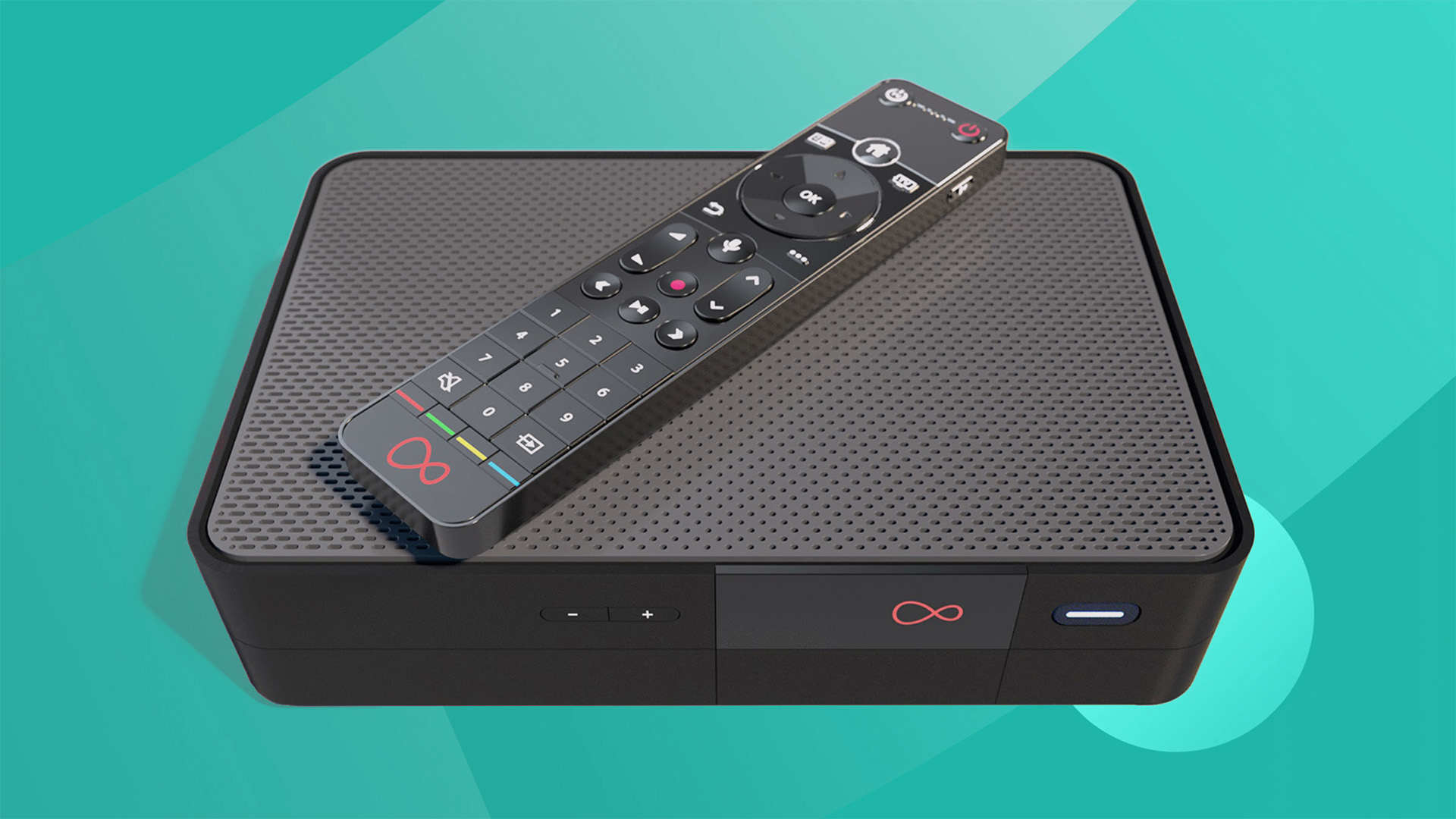 Virgin TV 360 box with remote on green background