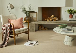 A living room with a neutral toned carpet and a fireplace