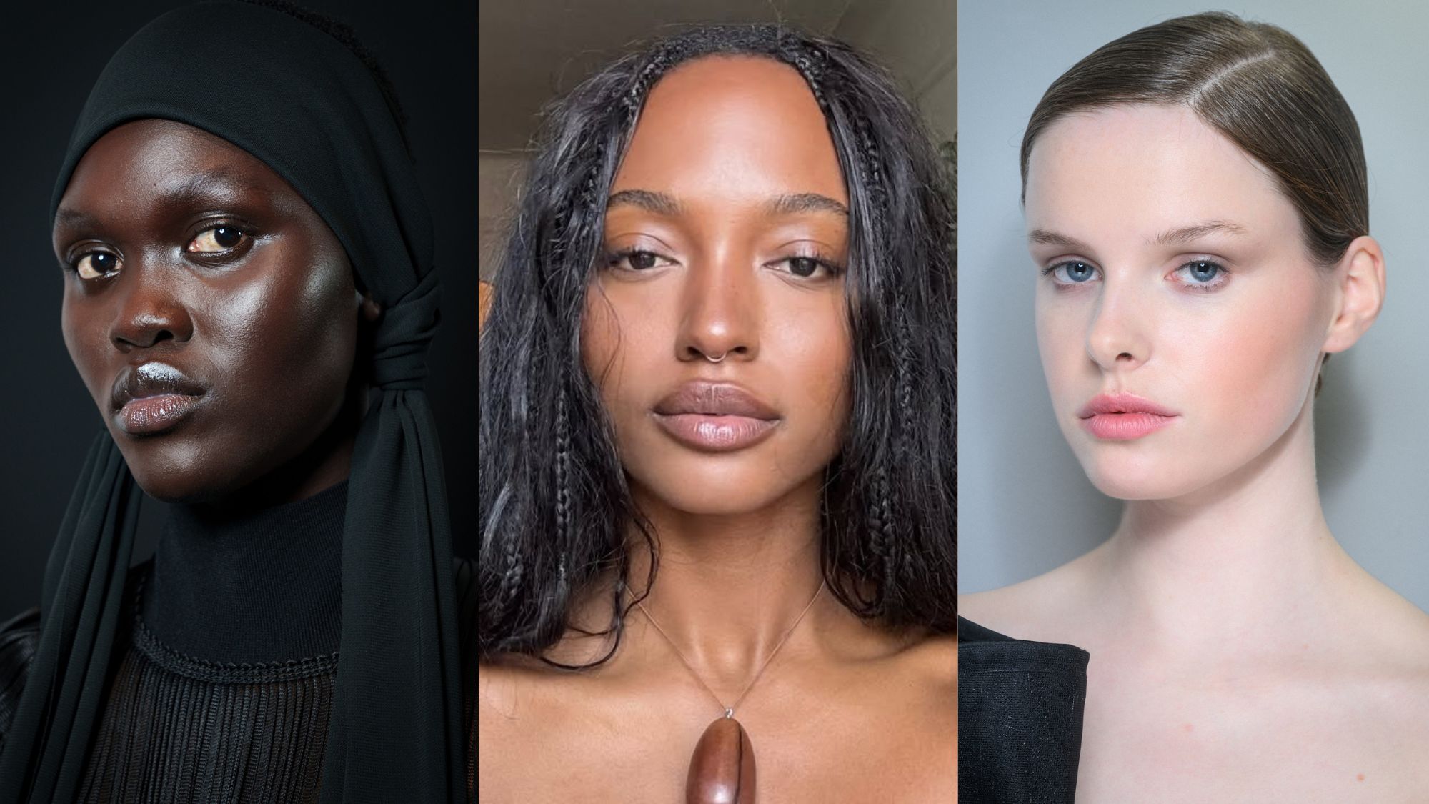 A collage of runway and content creator photos of the subjects wearing subtly lit, smooth complexion makeup.