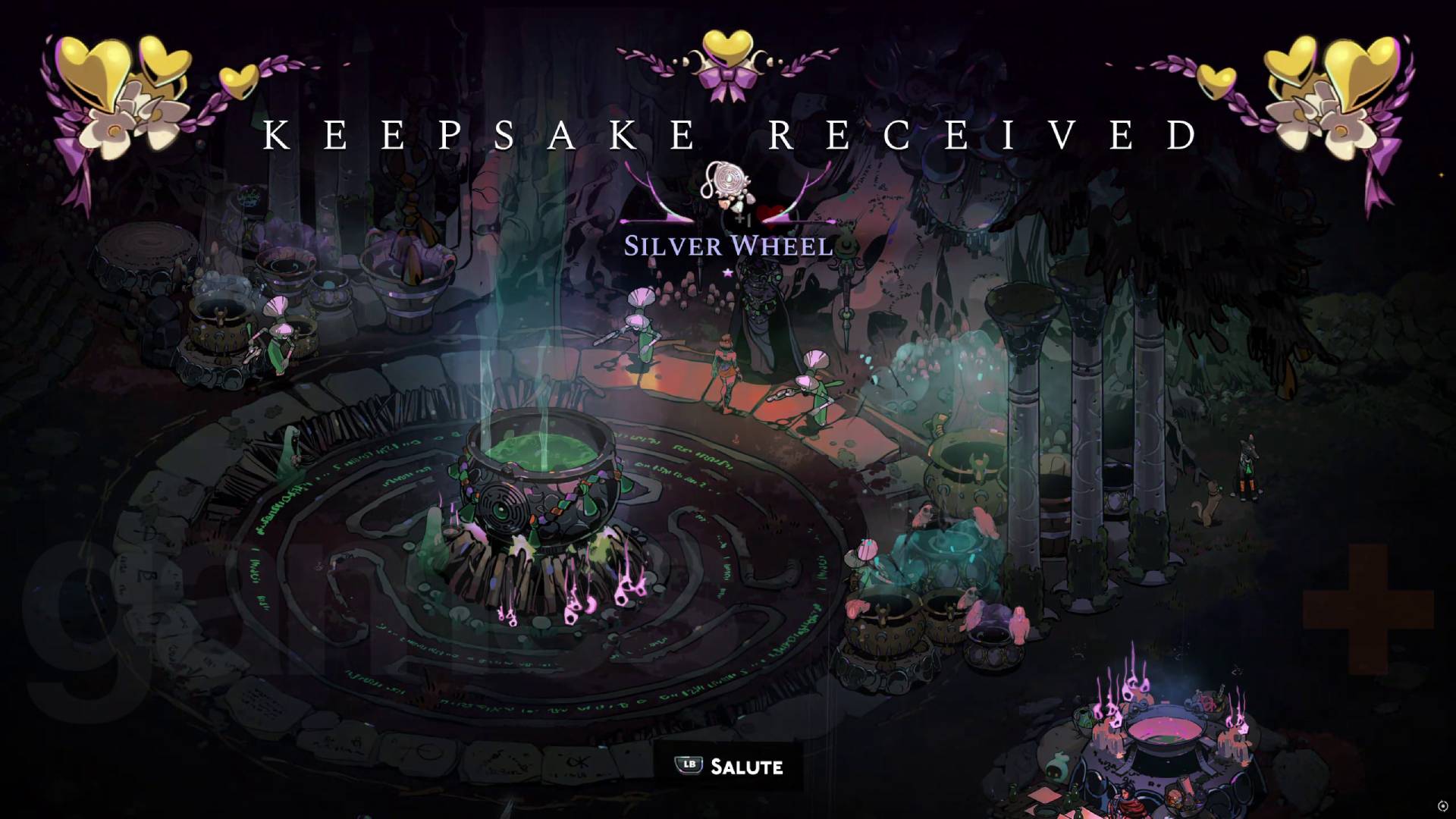 Hades 2 giving nectar to hecate and receiving silver wheel keepsake in return