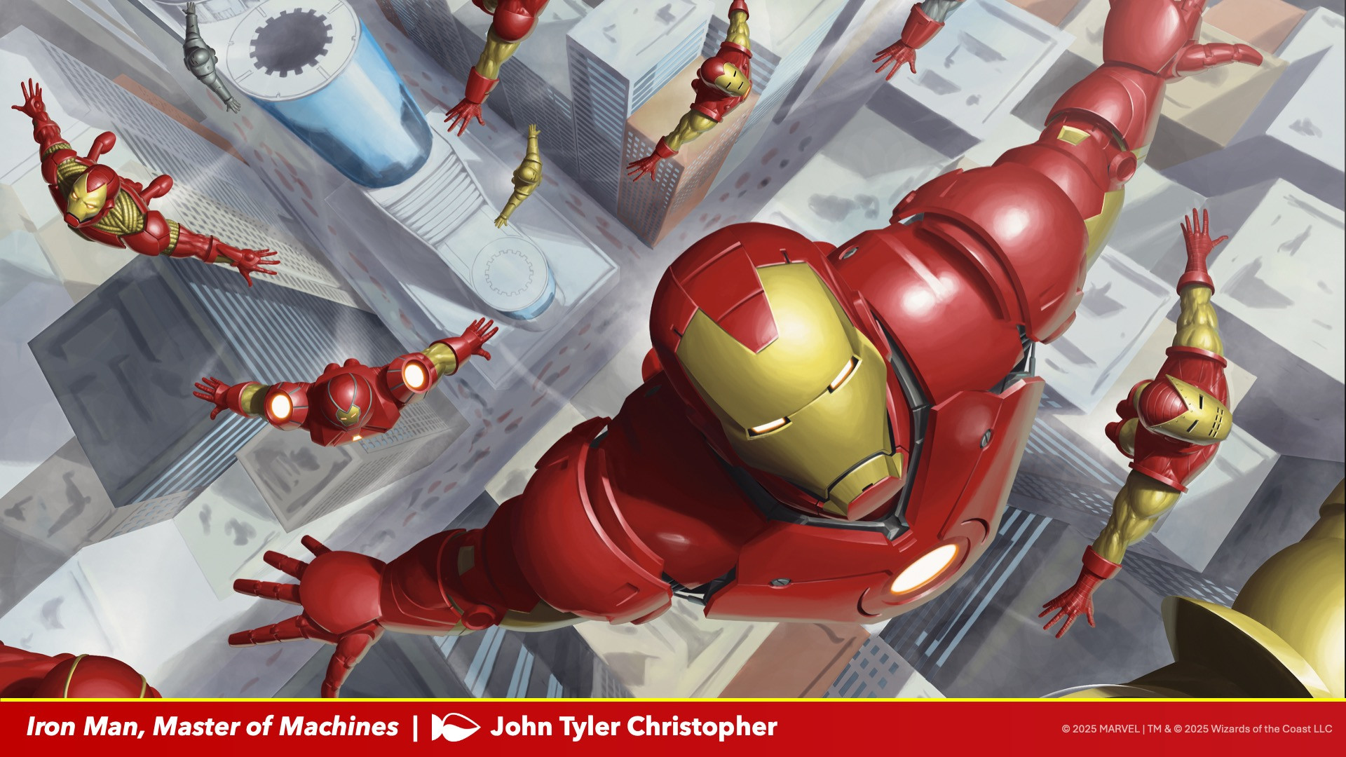 MTG Marvel Super Heroes artwork featuring Iron Man and his armor flying upward from New York