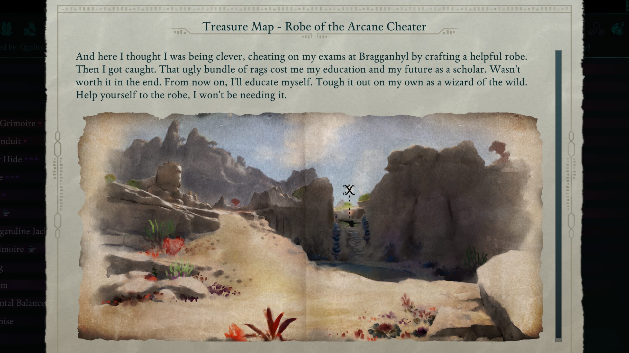 Avowed treasure maps - The clue page shows a painted map for the Robe of the Arcane Cheater.