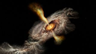 Artist's illustration of ammonia gas falling into the accretion disk that's feeding the massive young star HW2.