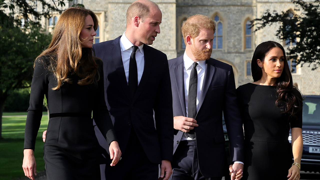 Catherine, Princess of Wales, Prince William, Prince of Wales, Prince Harry, Duke of Sussex, and Meghan, Duchess of Sussex on the long Walk at Windsor Castle arrive to view flowers and tributes to HM Queen Elizabeth on September 10, 2022 in Windsor, England.