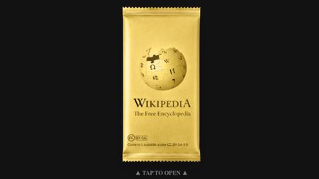 A screenshot of Wikigacha.com shows a golden pack of cards with the Wikipedia logo on them.