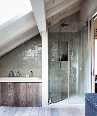 Rustic bathroom with tiled wall and wood beamed ceiling