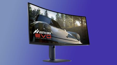 Alienware 34 Curved QD-OLED monitor (AW3425DW) against a gradient background.