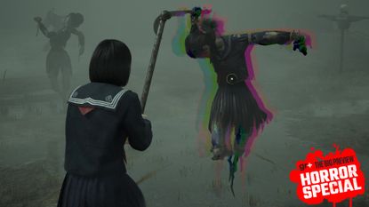 A scarecrow enemy displays a chromatic aura in Silent Hill f indicating a heavy attack will counter them, with the GamesRadar+ Horror Special badge