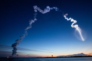 ULA's Atlas V rocket, carrying the AEHF-5 military communications satellite, launched at dawn on Aug. 8, 2019. The rocket's exhaust is illuminated by the sun, producing a jellyfish-shaped plume.