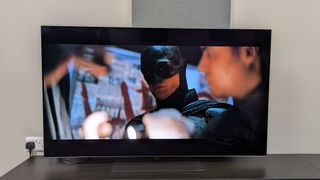 A shot of Batman's face from The Batman on the LG G5 in Dolby Vision Cinema Home mode post firmware update