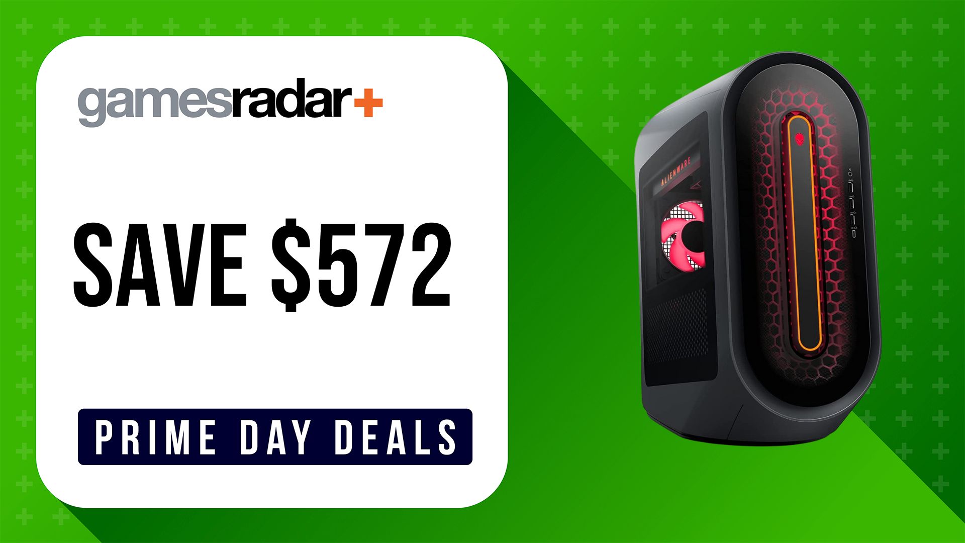 Alienware Aurora R15 Prime Day gaming pc deal with $572 saving stamp on a green background