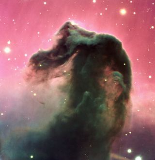 The horsehead nebula looks like a dark cloud in the shape of a horse rearing up its head