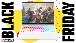 The HP Omen Transcend 14 gaming laptop in white on a Black Friday deals background