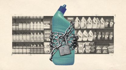 Photo collage of a cleaning product wrapped in chains and padlocked.