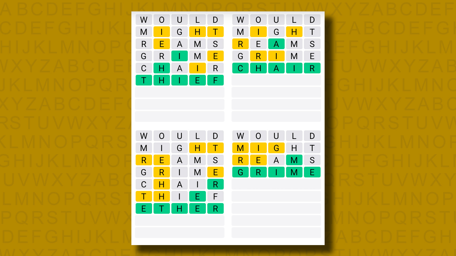 Quordle answers for game 1130 on a yellow background