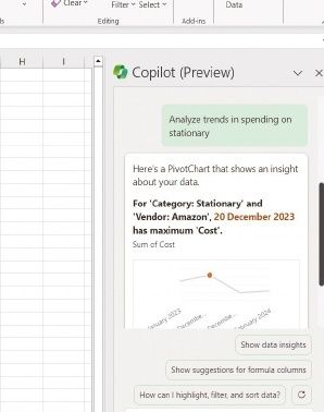 Example of Copilot Pro used in Excel