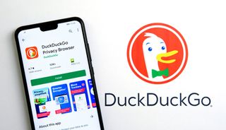 The DuckDuckGo app page on a smartphone and the DuckDuckGo web page.