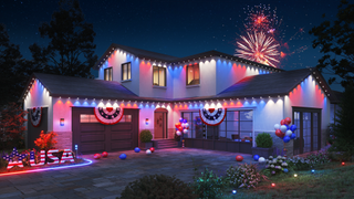 House with 4th July decorations with Govee Permanent Outdoor Lights 2 in red, white, and blue